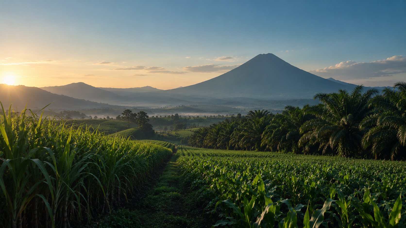 Volcán al amanecer sobre un cañaveral, un maizal y una plantación de palma africana